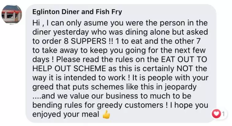 Bosses at the diner hit out at the customer for trying to pull a fast one.