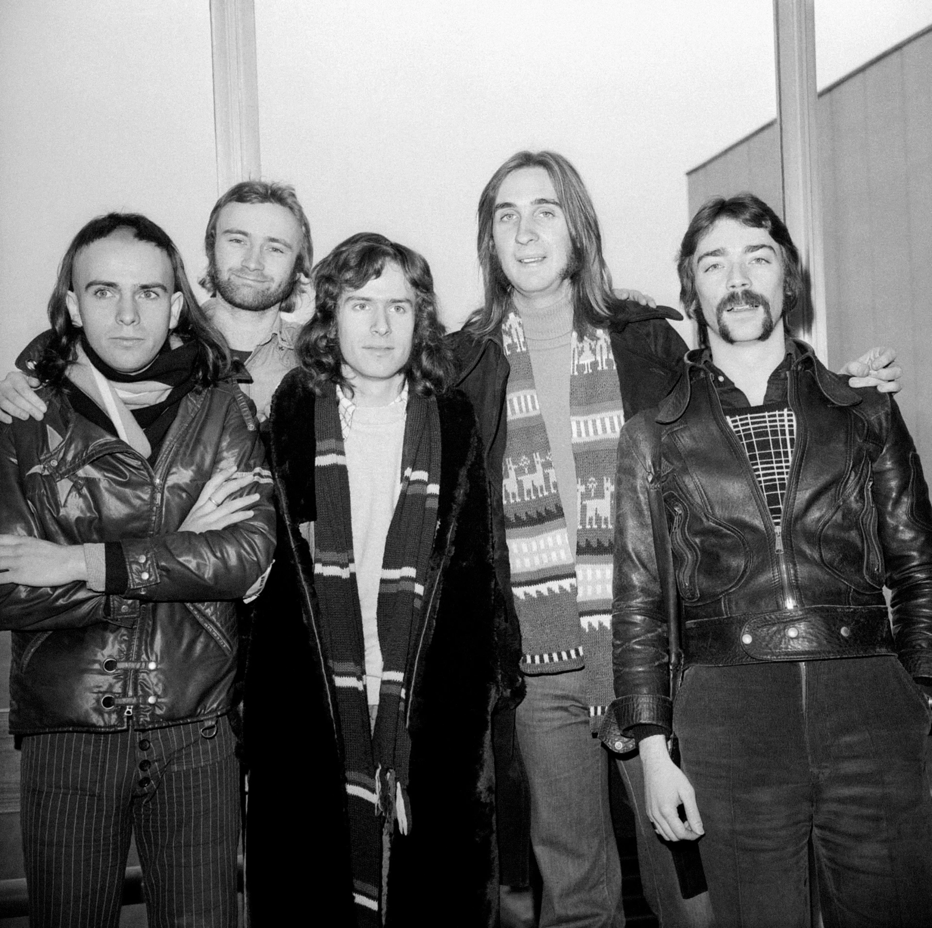 Genesis leaving for their US tour in 1974 (from the left:) lead singer Peter Gabriel, drummer Phil Collins, keyboards Tony Banks, bass Mike Rutherford and guitar Steve Hackett. (