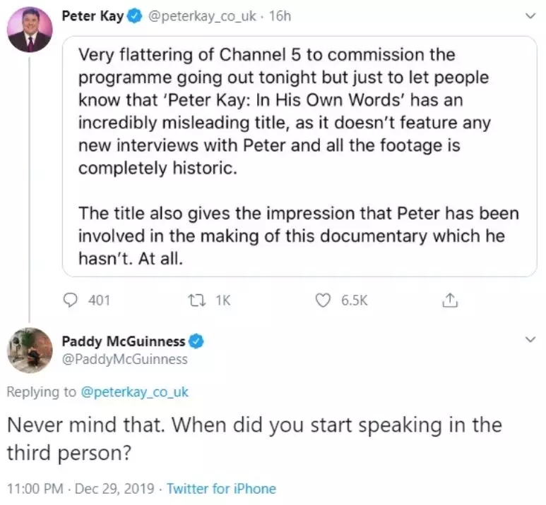Paddy McGuinness poked fun at Peter Kay's tweet.