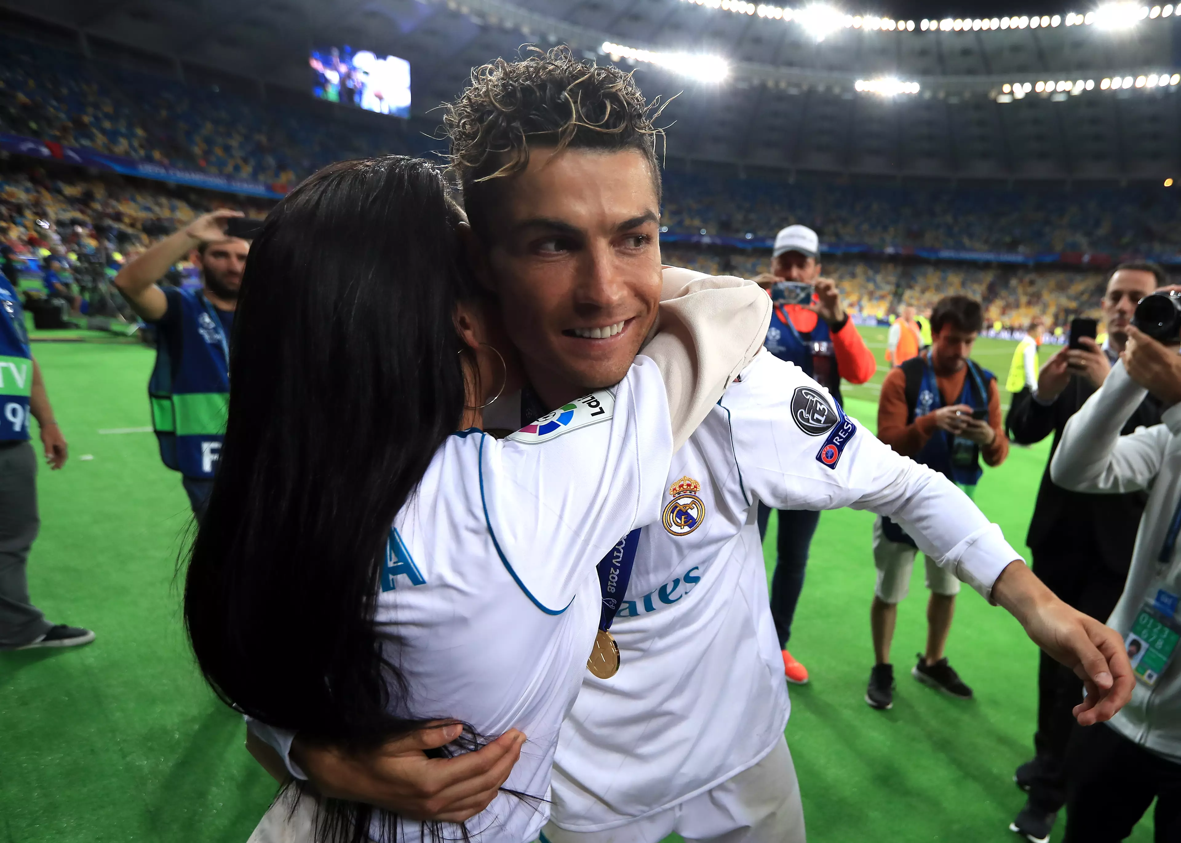 Real Madrid's Cristiano Ronaldo celebrates girlfriend Georgina Rodriguez winning the UEFA Champions League, 2018 (