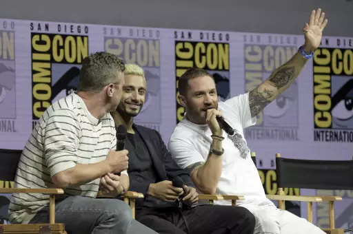 Ruben Fleischer, Riz Ahmed and Tom Hardy attend the 'Venom' panel at Comic-Con International.