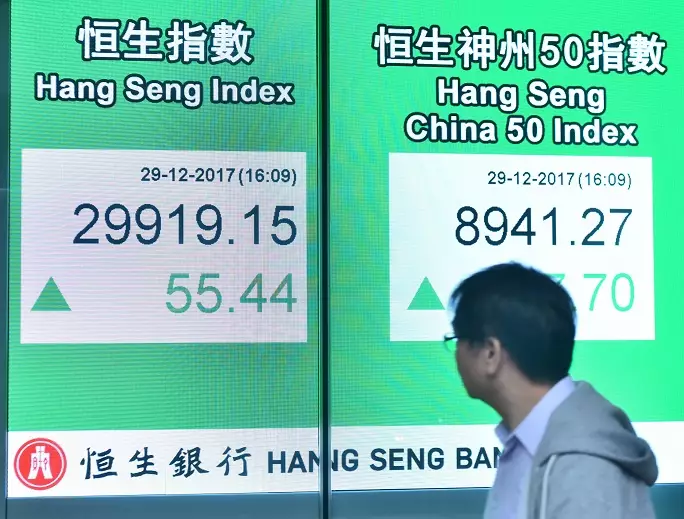 A pedestrian walks past a board showing the Hang Seng Index in Hong Kong, December 2017.