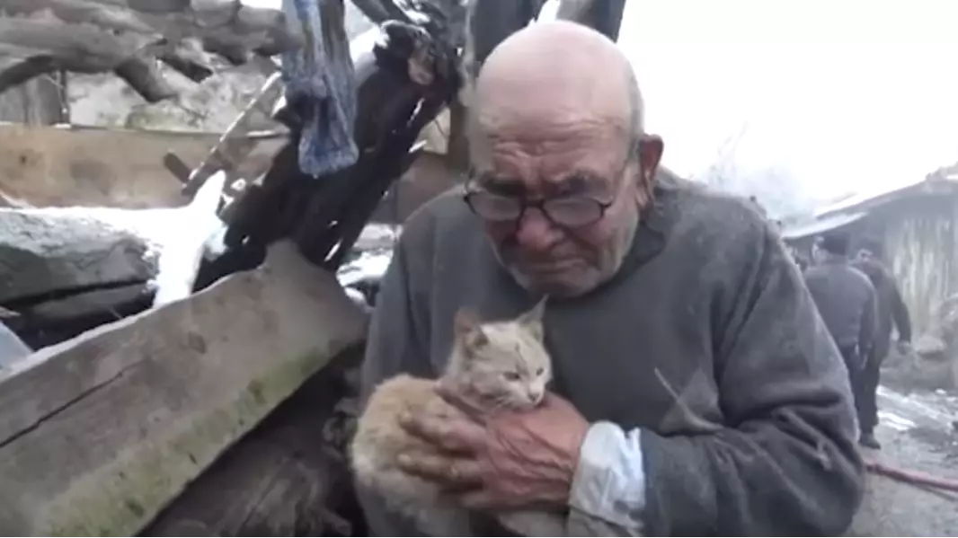 Man Clutches Pet Kitten After Home Is Destroyed