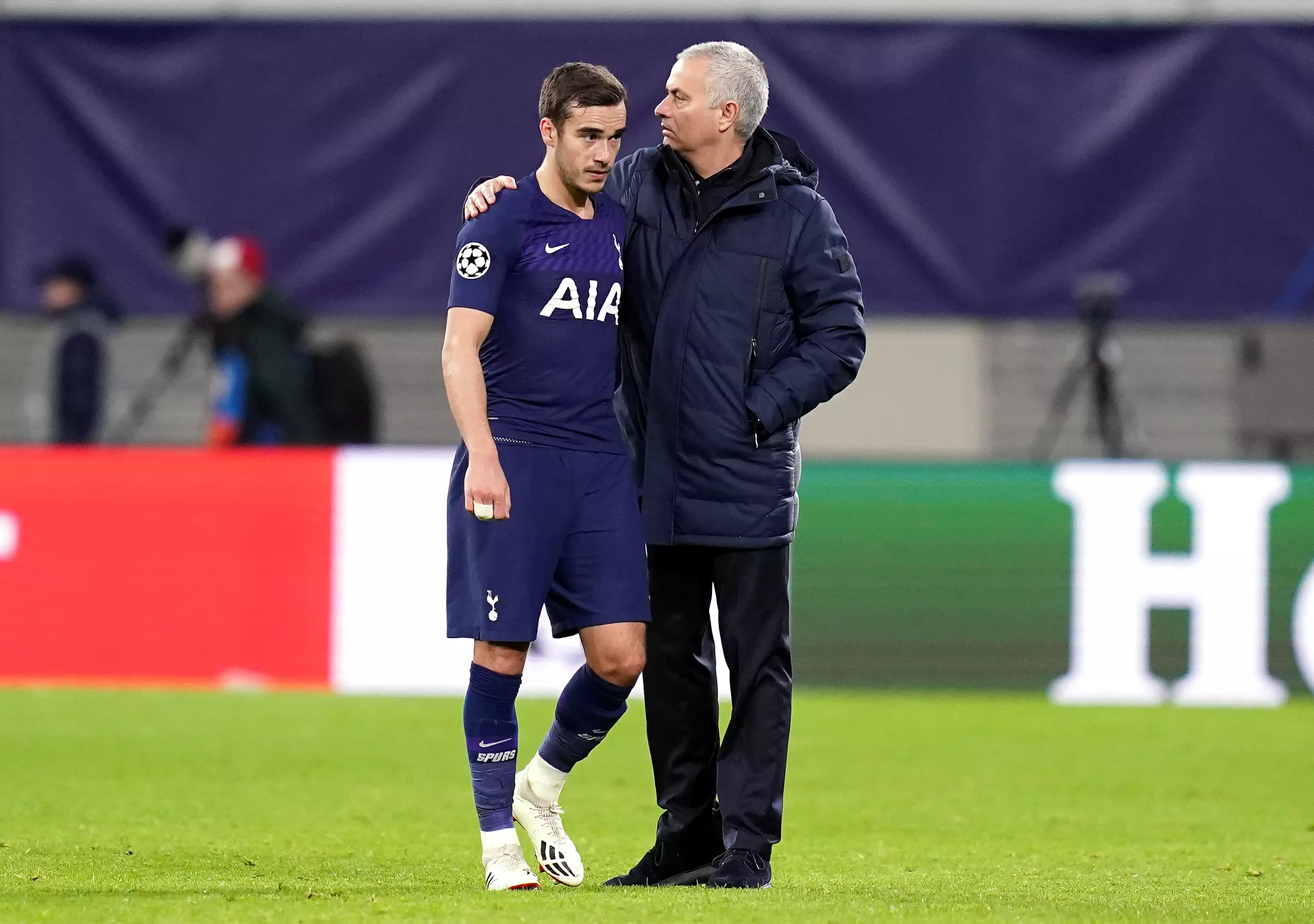 Mourinho consoles Harry Winks at full time. Image: PA Images