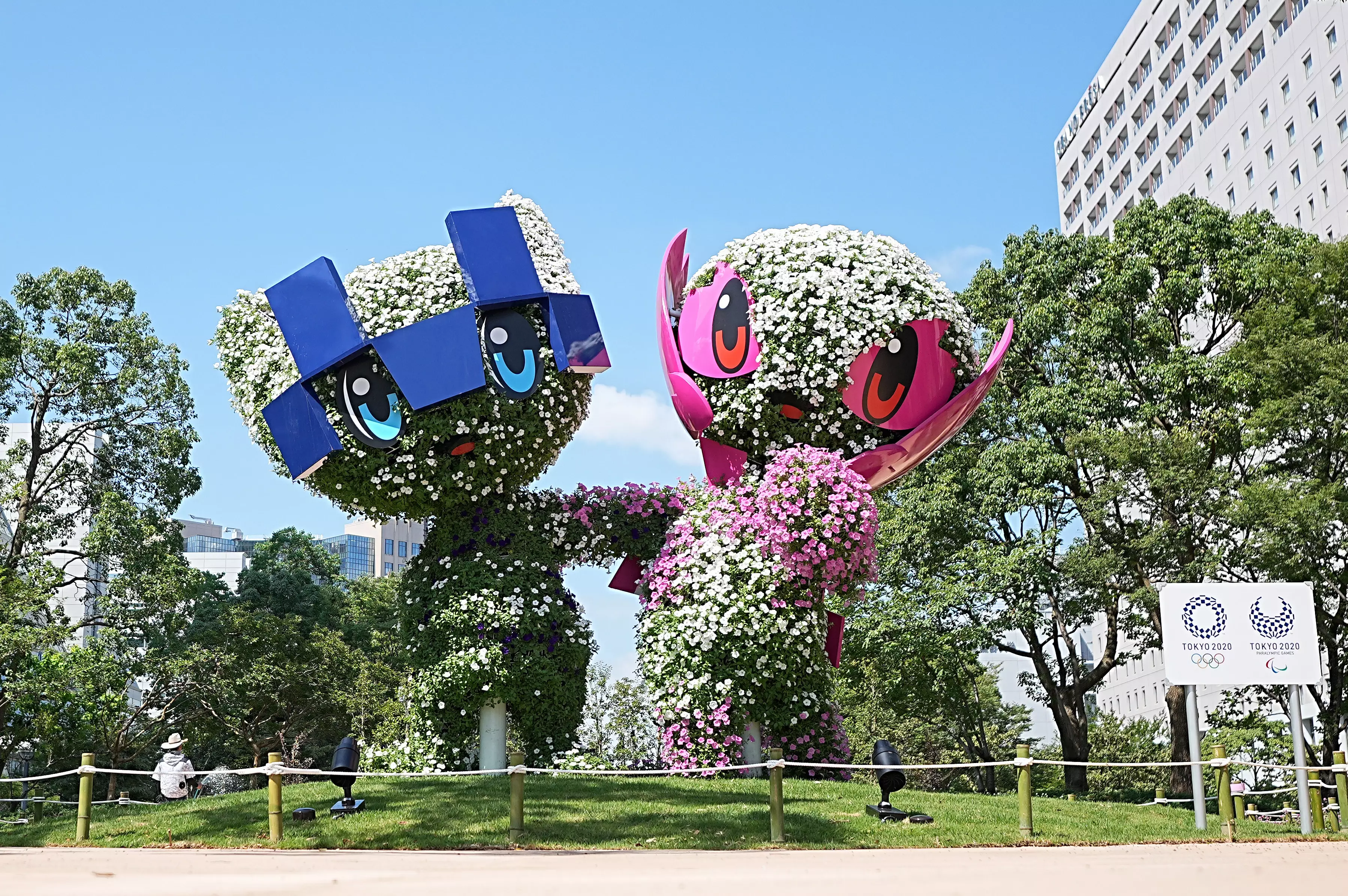 Figures formed from plants represent the mascots Miraitowa (L) for the Olympics and Someity (R) for the Paralympics. (