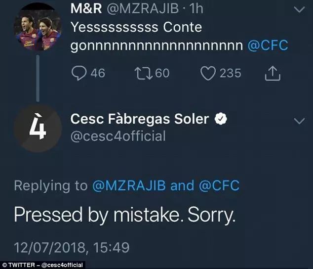 Fabregas' now deleted apology. Image: PA Images