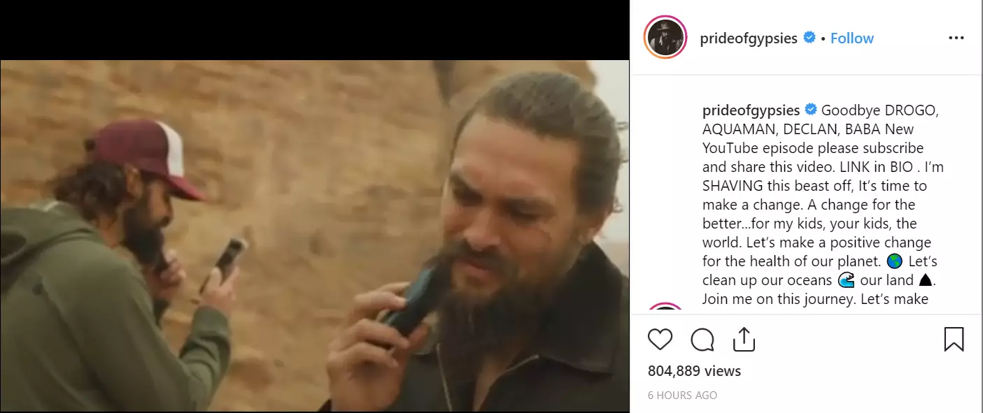 Momoa shared a video of him shaving off his beard on Instagram and YouTube.