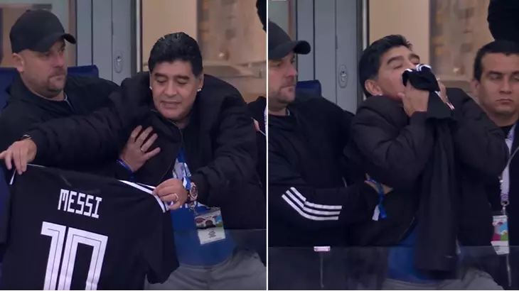 Diego Maradona Holds Lionel Messi Shirt In The Air And Kisses It