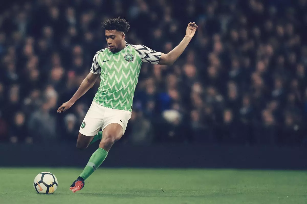 Iwobi modeling Nigeria's stunning 2018 home World Cup shirt. Image: Nike