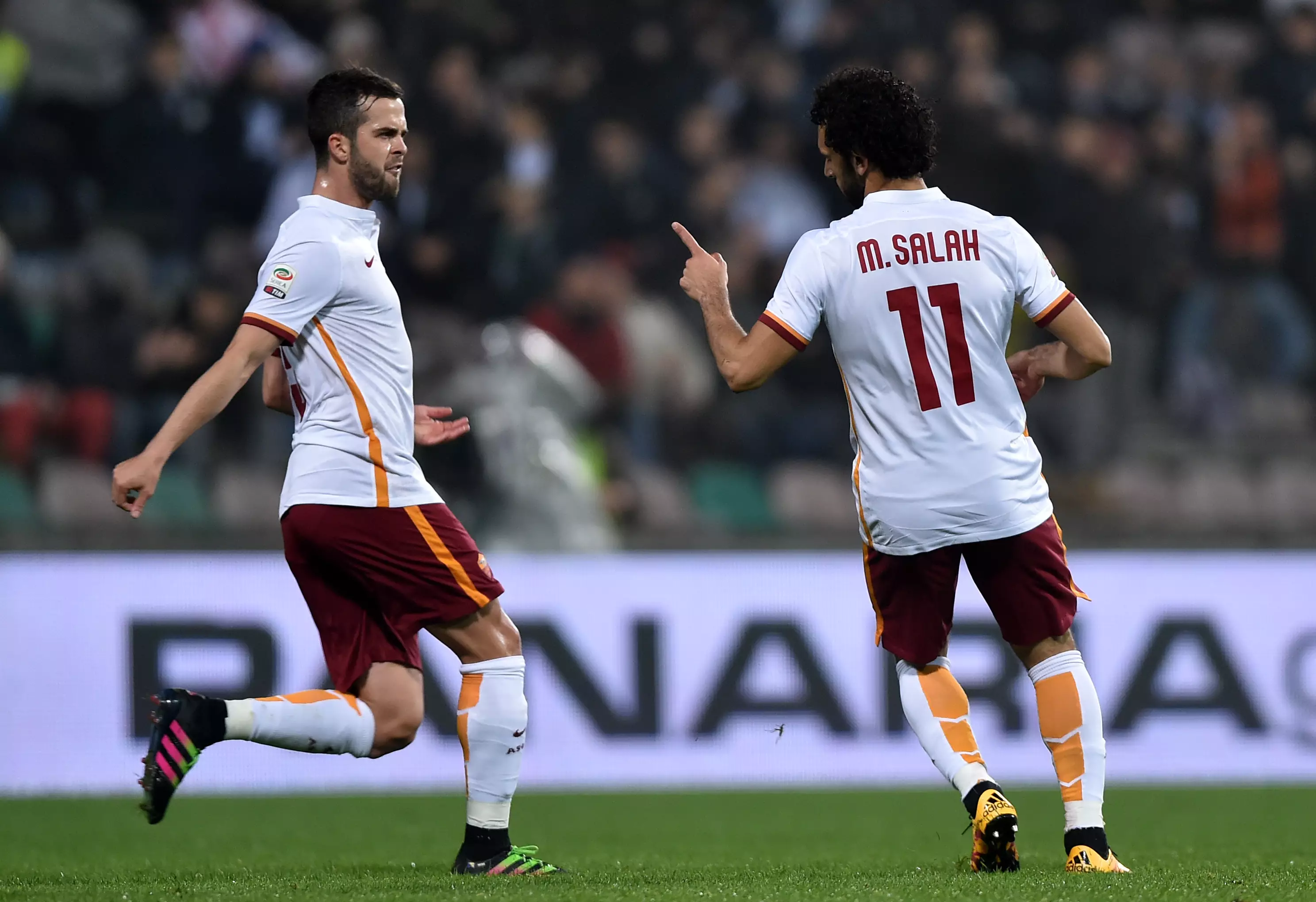 Salah celebrates scoring a goal for AS Roma. Image: PA