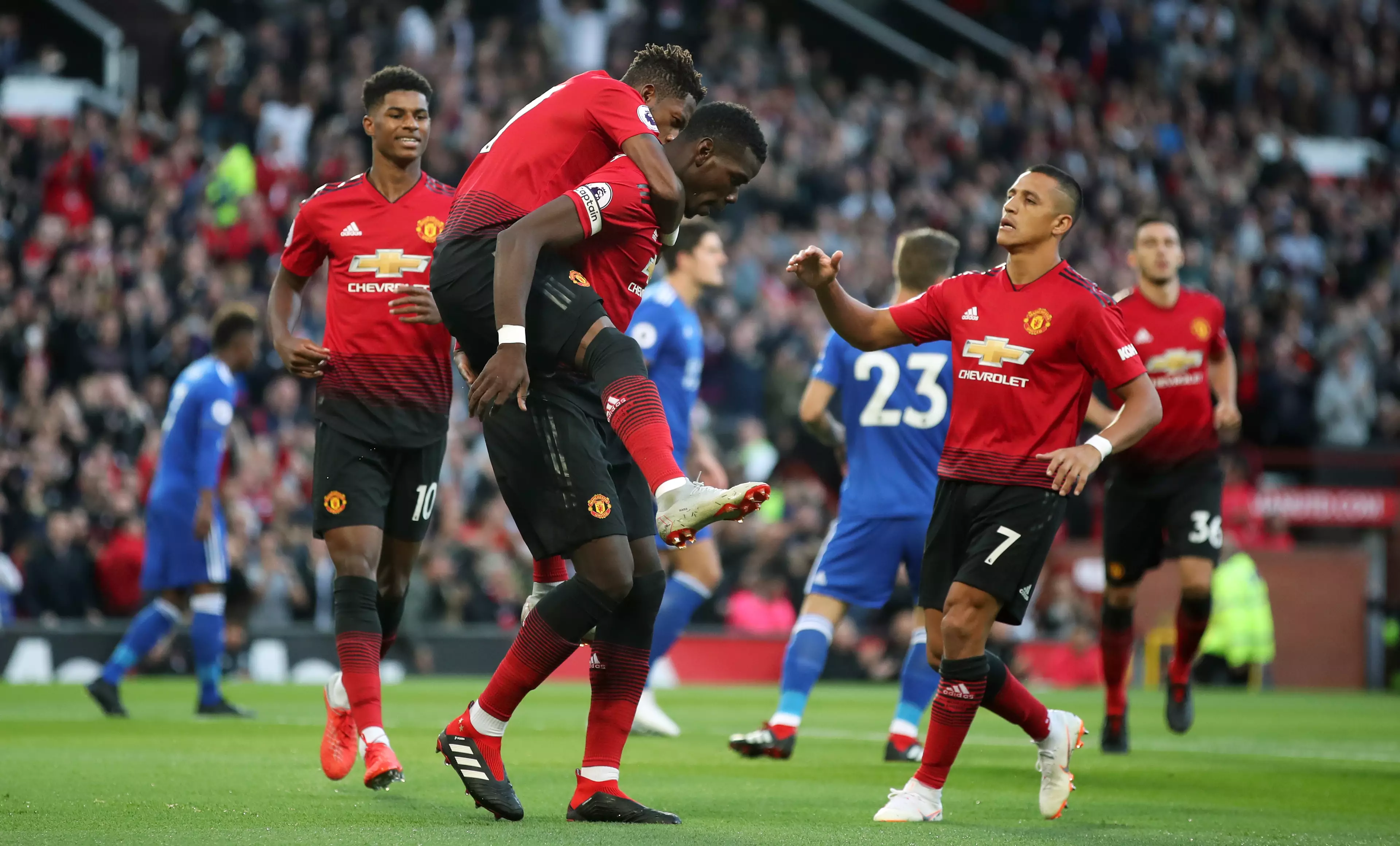 Pogba celebrates his goal against Leicester. Image: PA Images