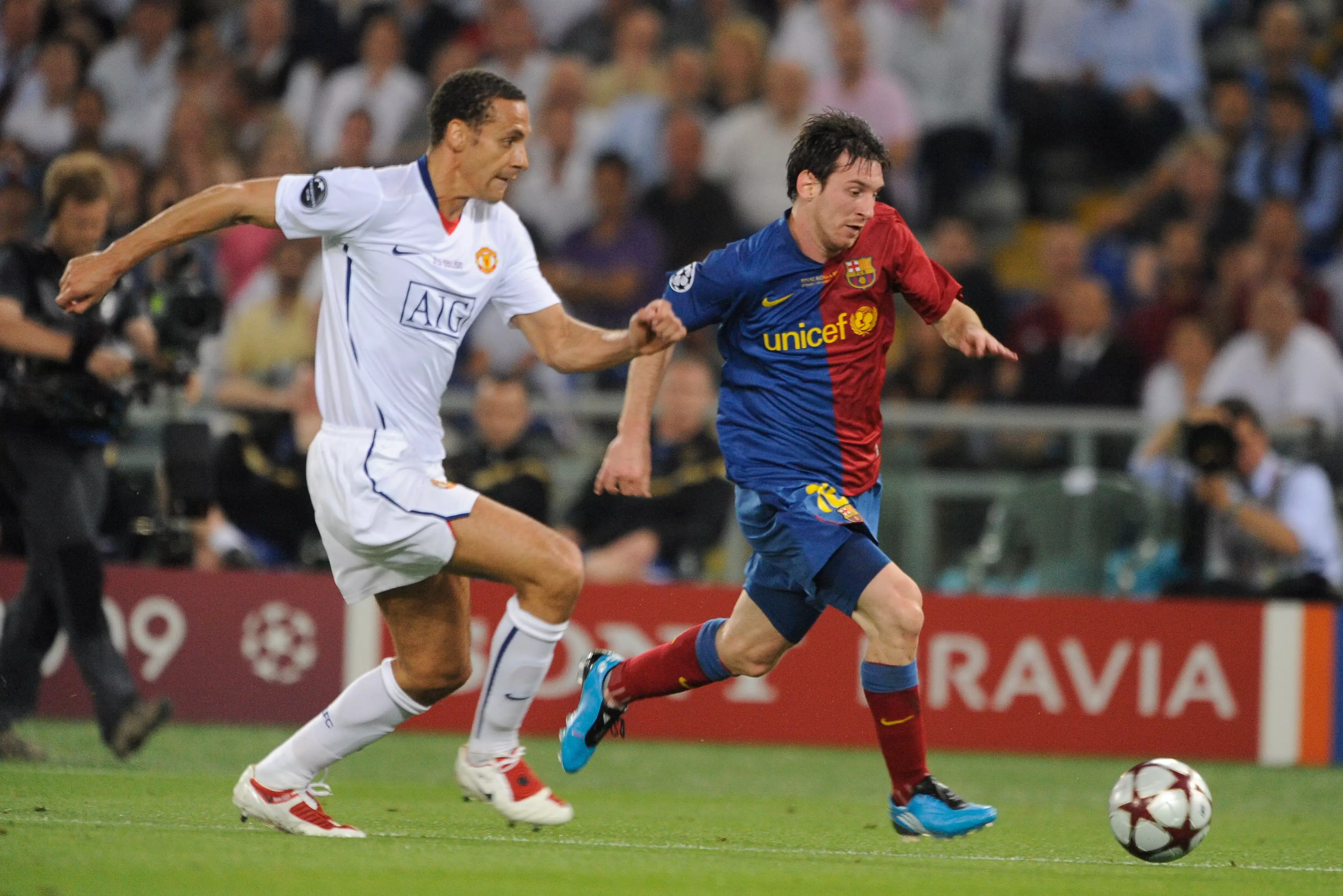 Messi in action against United. Image: PA