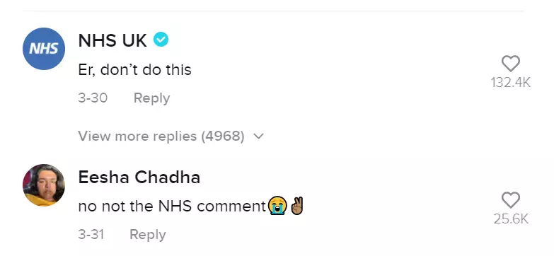 The TikTok user was put in her place by the NHS.