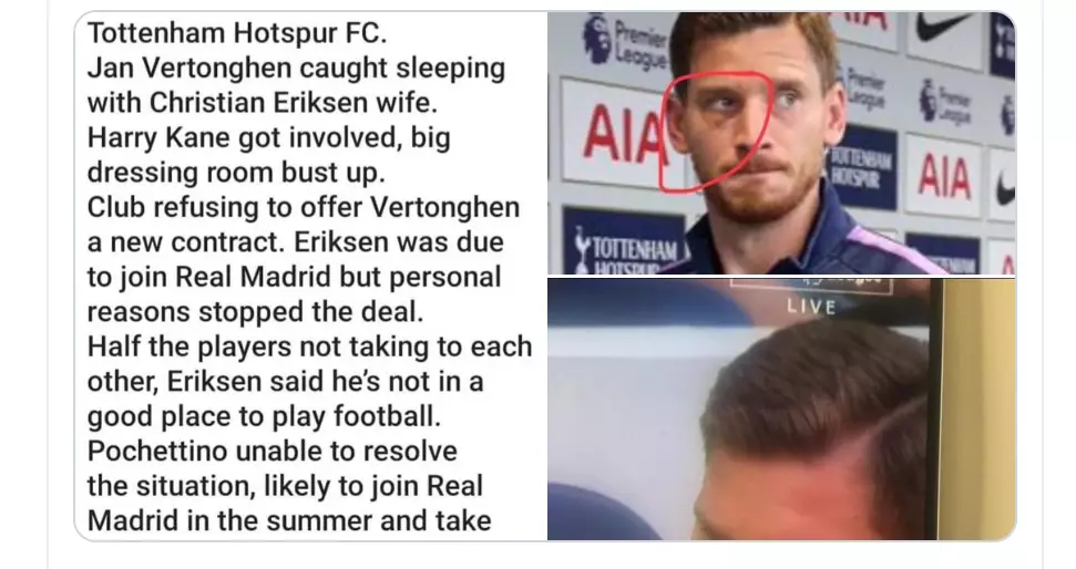 A tweet spreading the outrageous rumour also had two pictures of Jan Vertonghen with a black eye