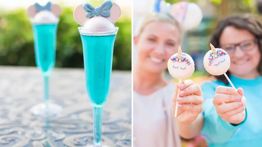 Disney World's Serving Blue Sparkling Wine Topped With Chocolate Minnie Mouse Ears