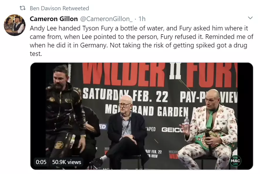 Fury's former trainer Ben Davison retweeted the clip.
