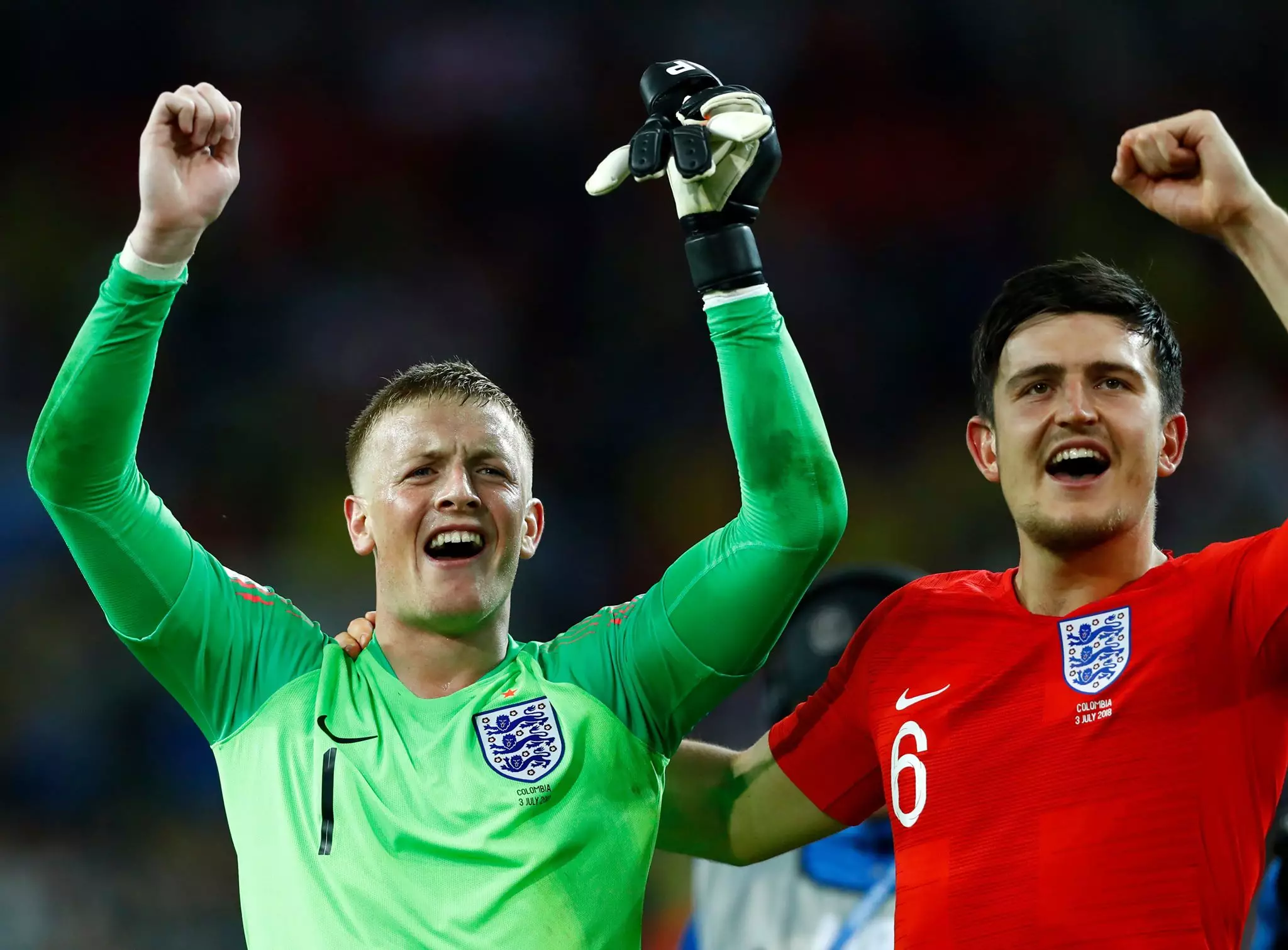 Pickford celebrates after beating Colombia. Image: Pa