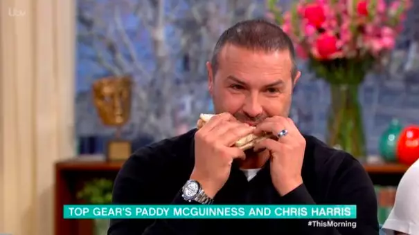 Paddy McGuinness was handed a bacon sandwich to chow down on (