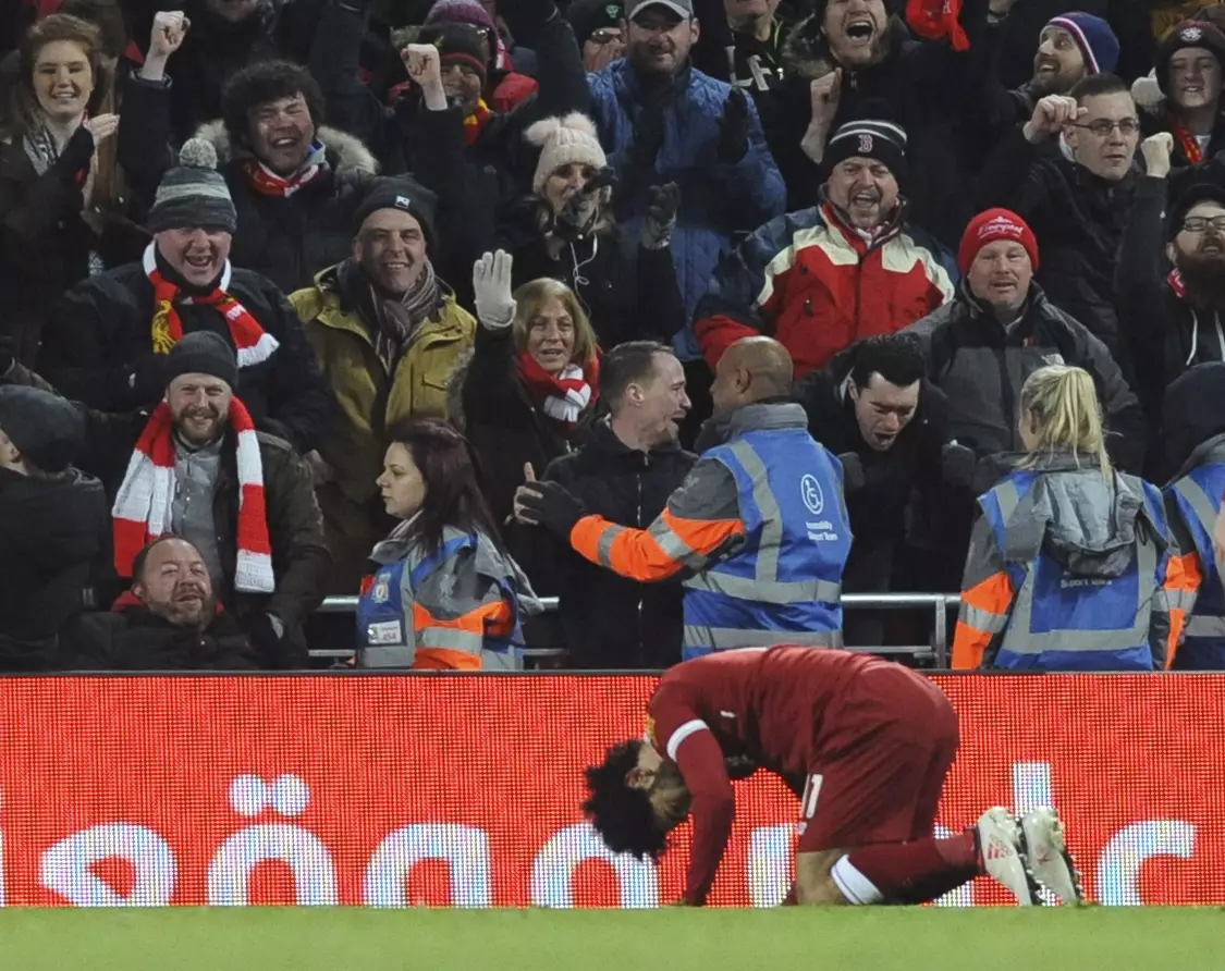 Salah celebrates scoring for Liverpool. Image: PA