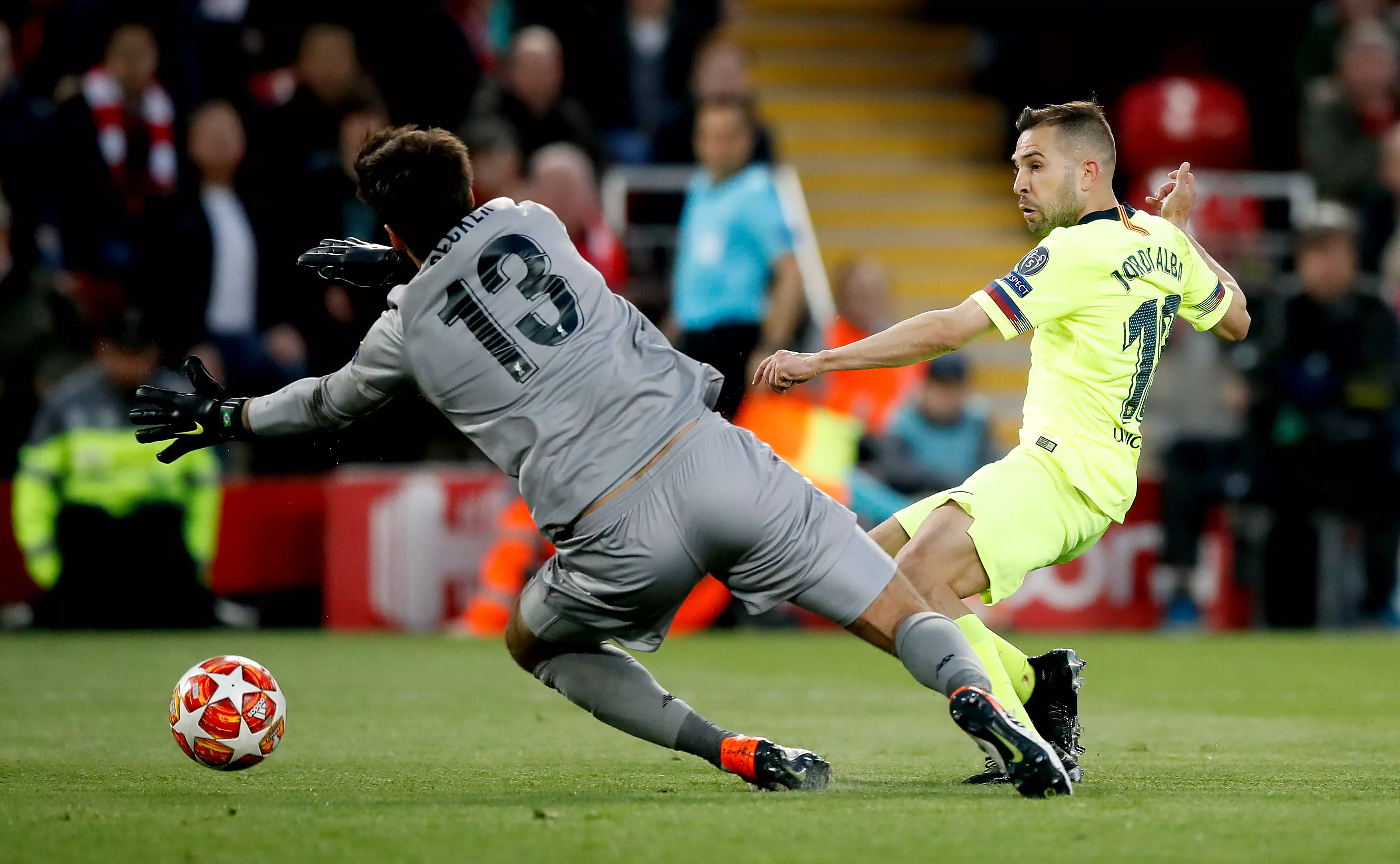 Alba was put through by Messi but his shot was saved by Alisson. Image: PA Images