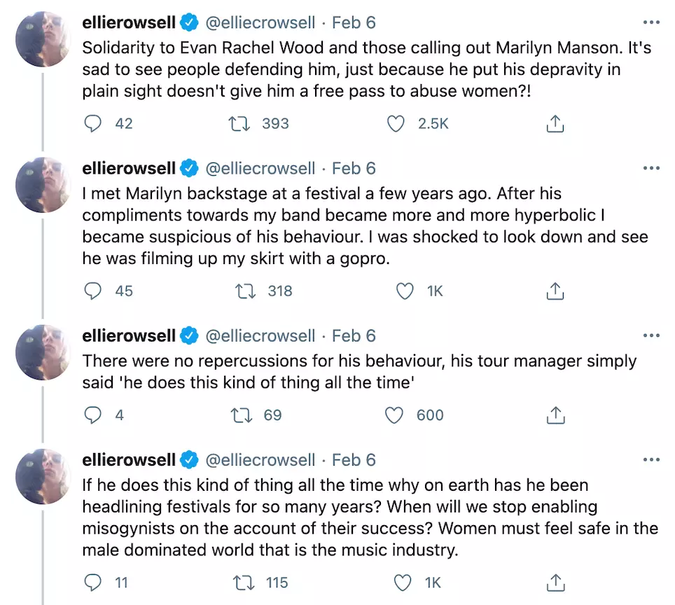 Ellie Rowsell tweeted about her alleged encounter with Marilyn Manson at a music festival (
