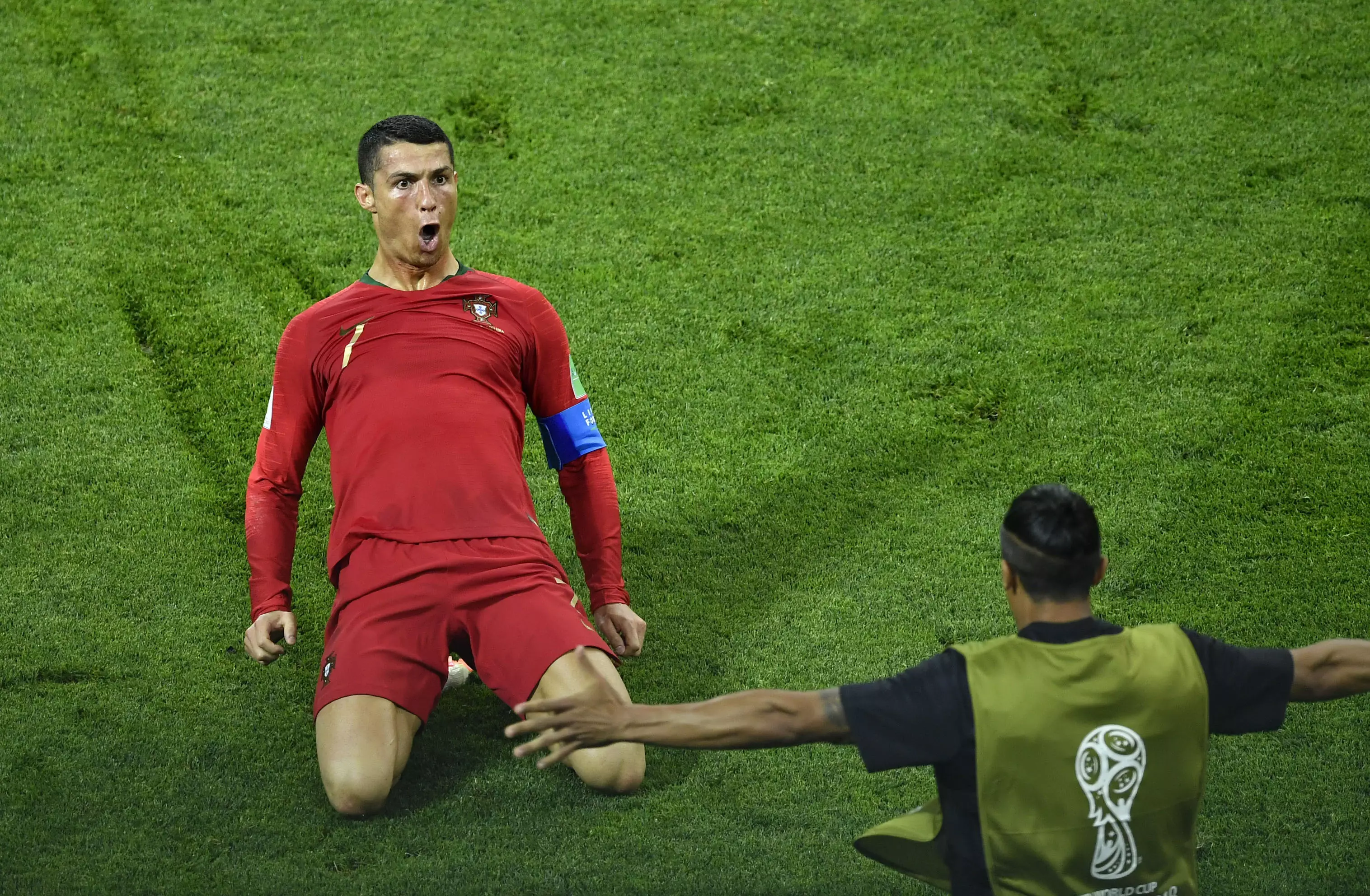 Ronaldo celebrates one of his goals against Spain. Image: PA Images