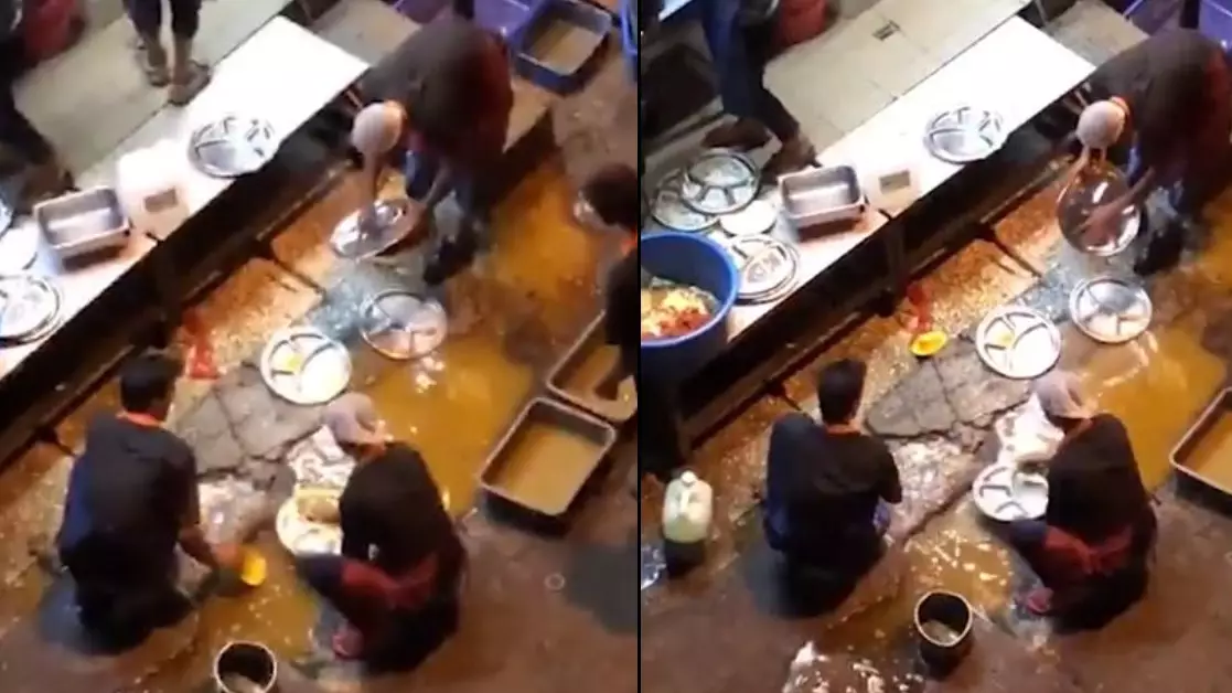 Restaurant Staff Filmed Cleaning Plates In A Dirty Puddle