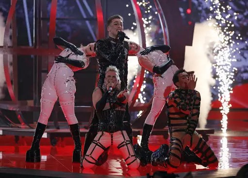 Hatari of Iceland perform the song 'Hatrio mun sigra' during the 2019 Eurovision Song Contest.