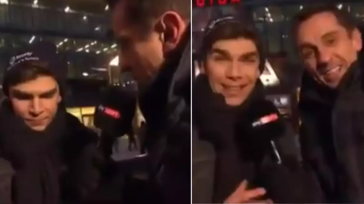 Gary Neville Can't Believe How Good Arsenal Fan Is At Punditry Outside Emirates Stadium  
