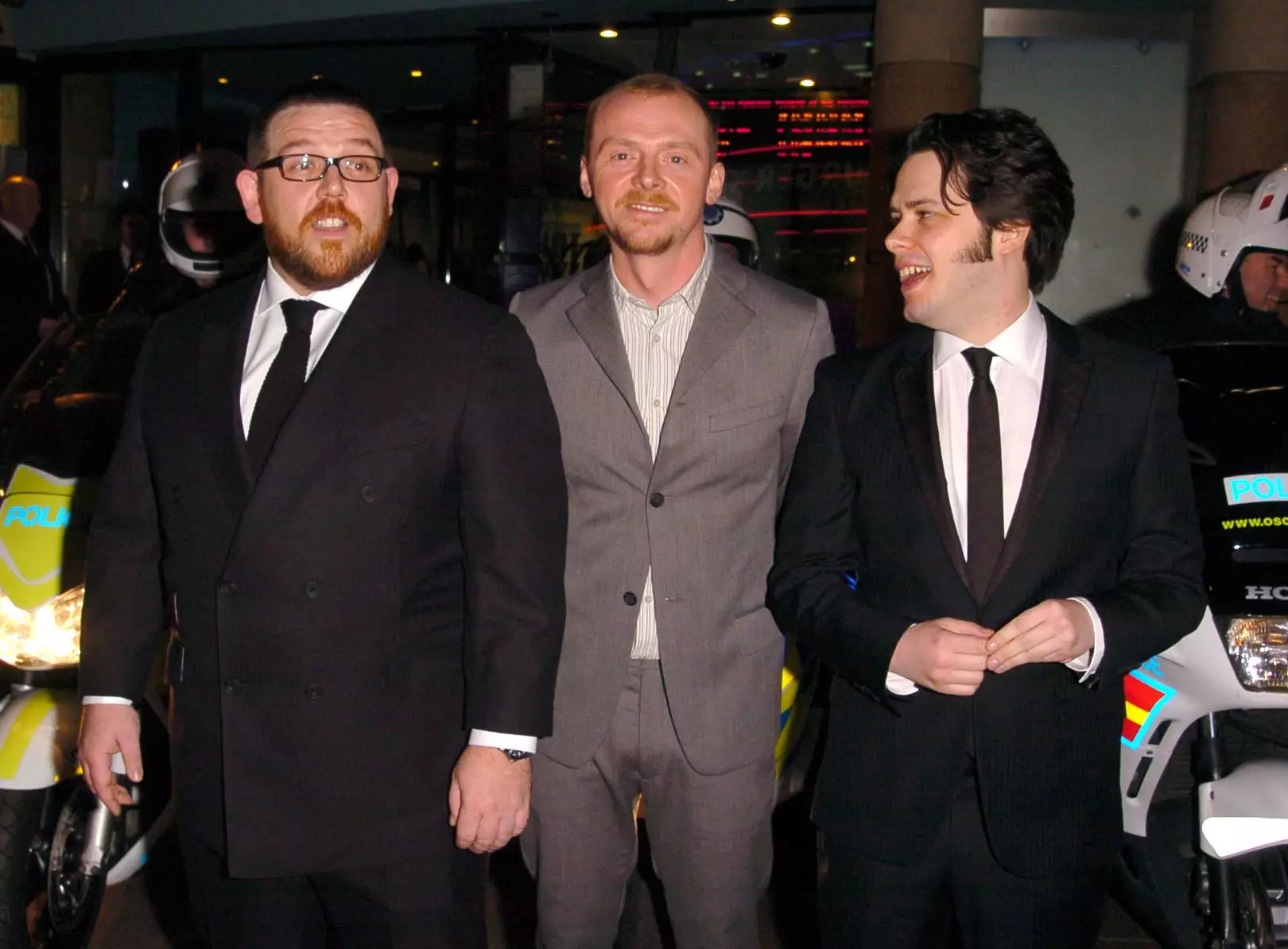 Edgar Wright, Simon Pegg, and Nick Frost at the Hot Fuzz premiere.