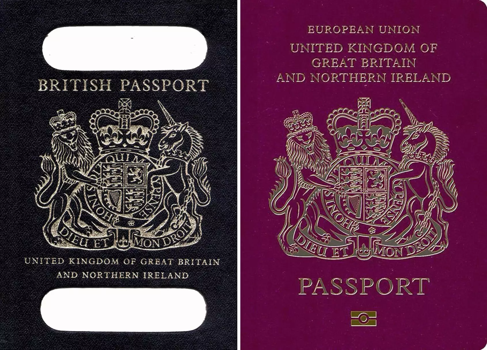 The old blue British passport and the current burgundy passport.