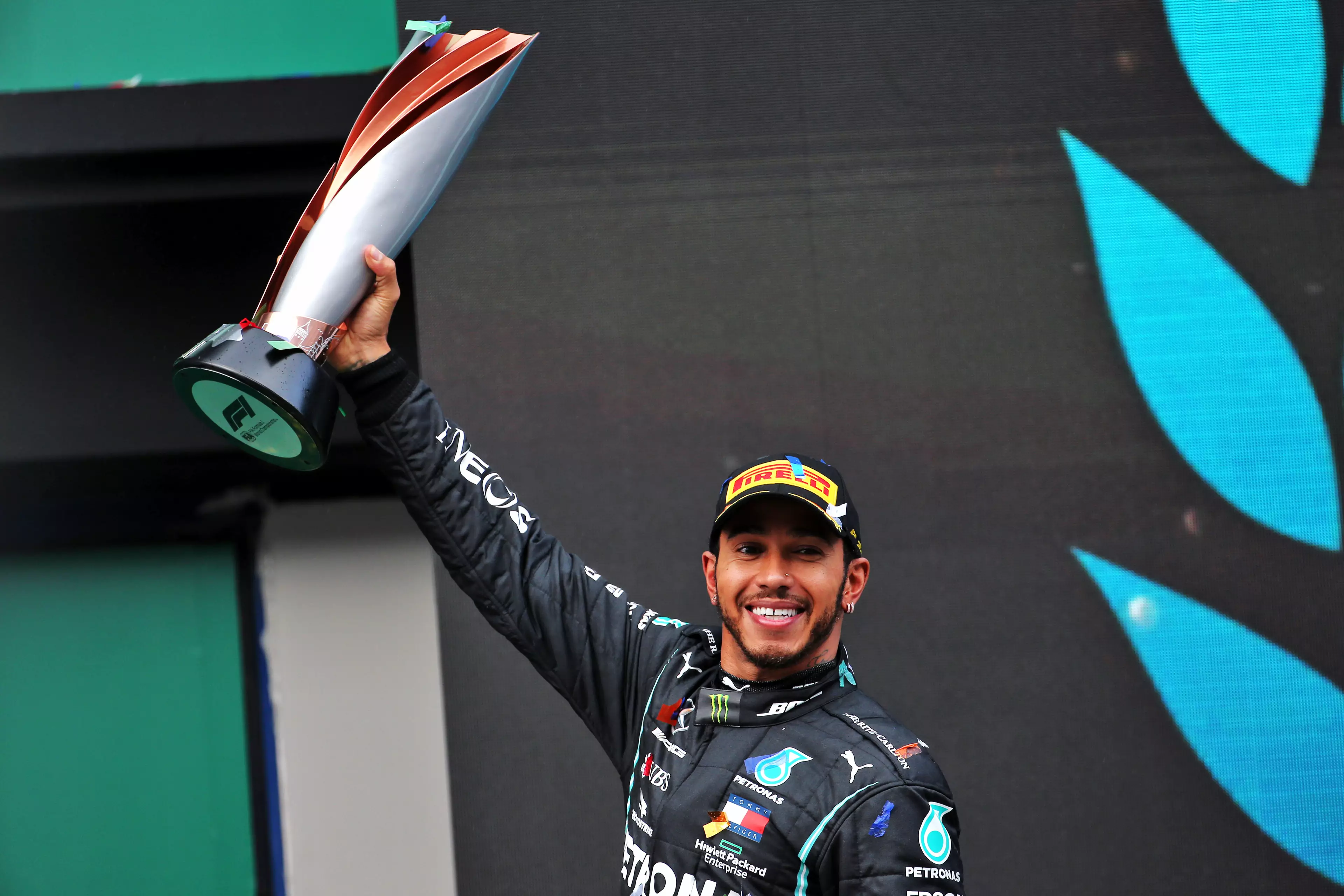 Lewis Hamilton celebrating his seventh world championship win at the Turkish Grand Prix this year.