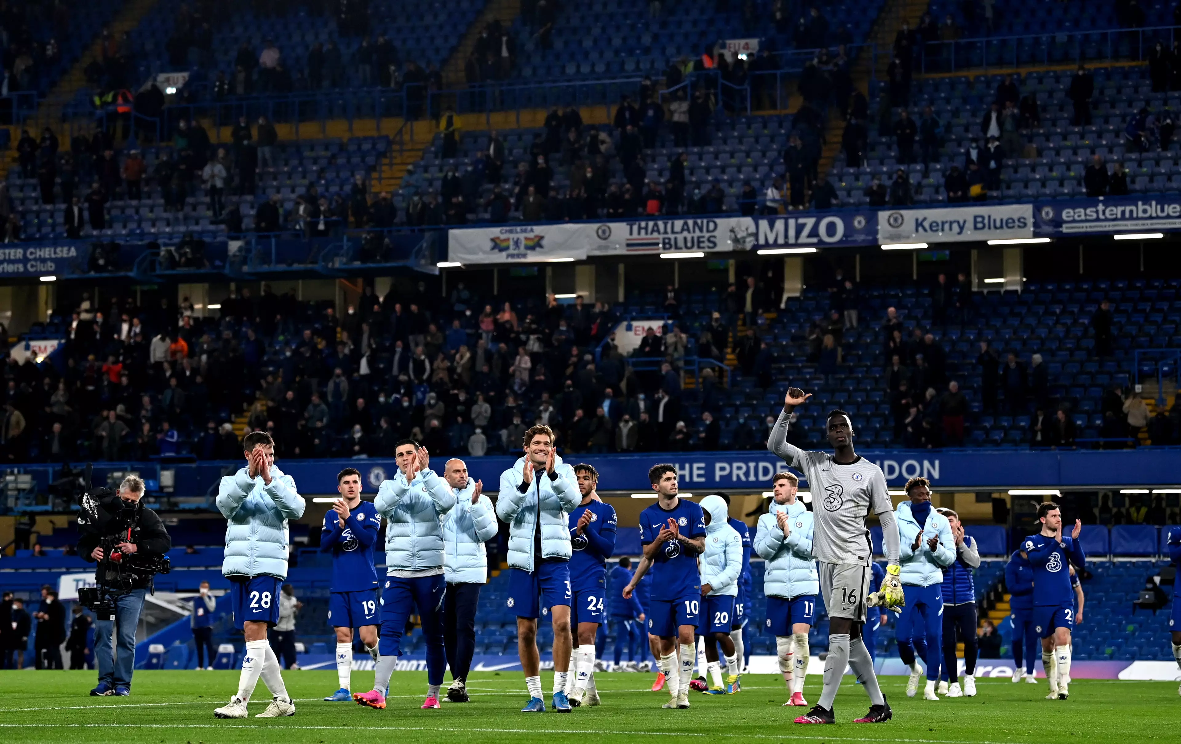 Chelsea players applaud the fans after the final home game of last season. Image: PA Images