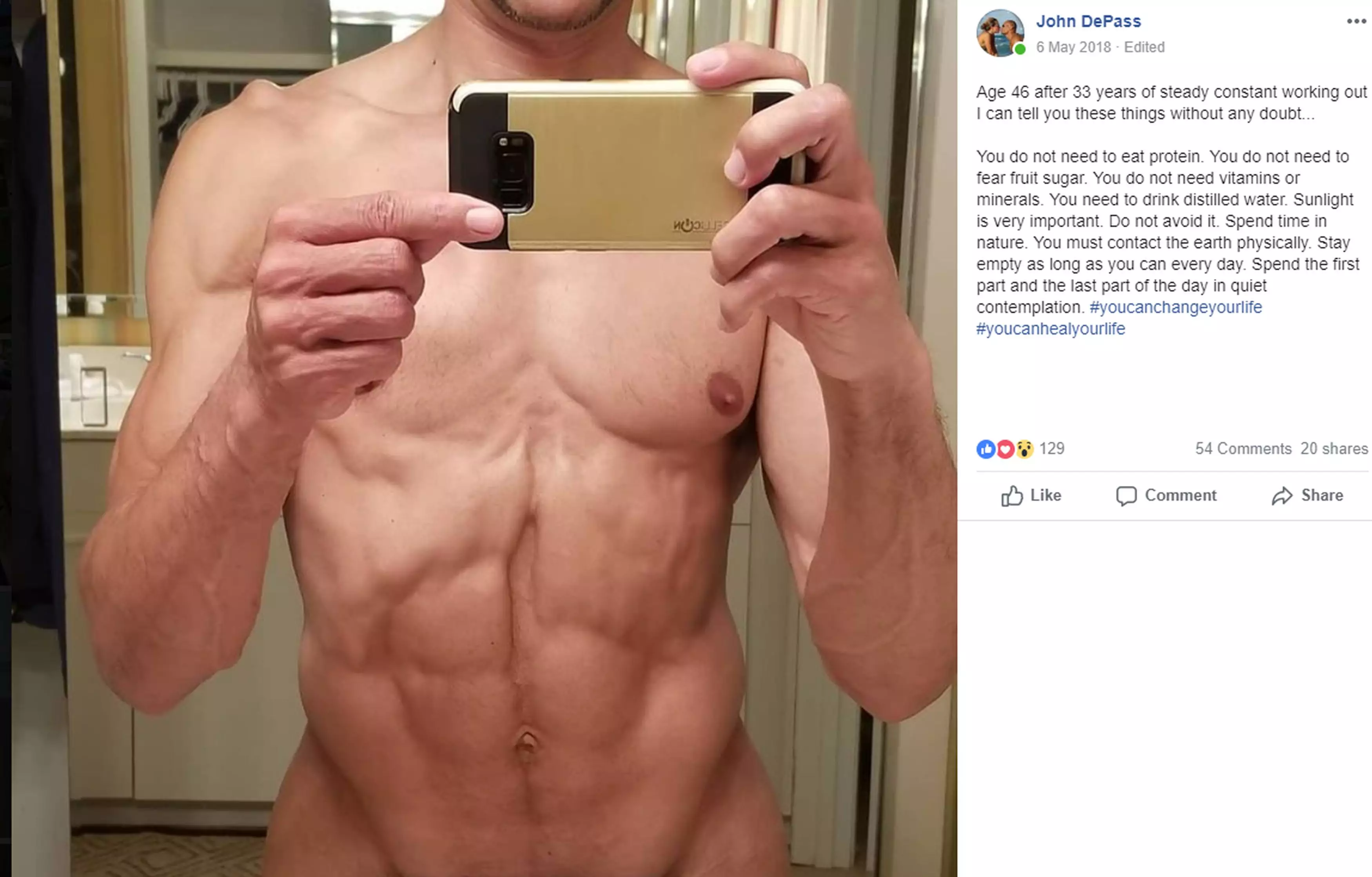John's Facebook post claims that humans don't need protein and vitamins.