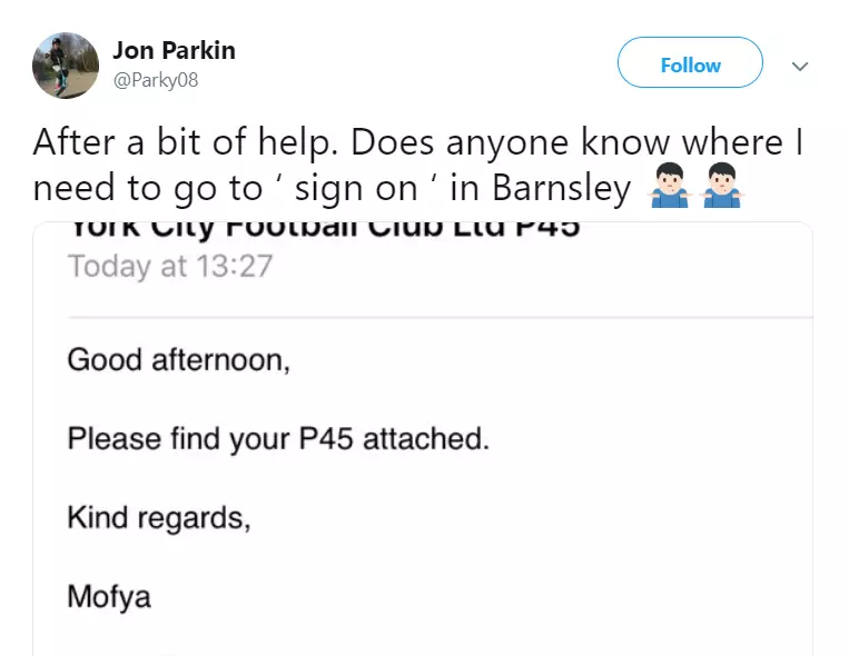 Footballer Jon Parkin shared this tweet of his P45 notice.