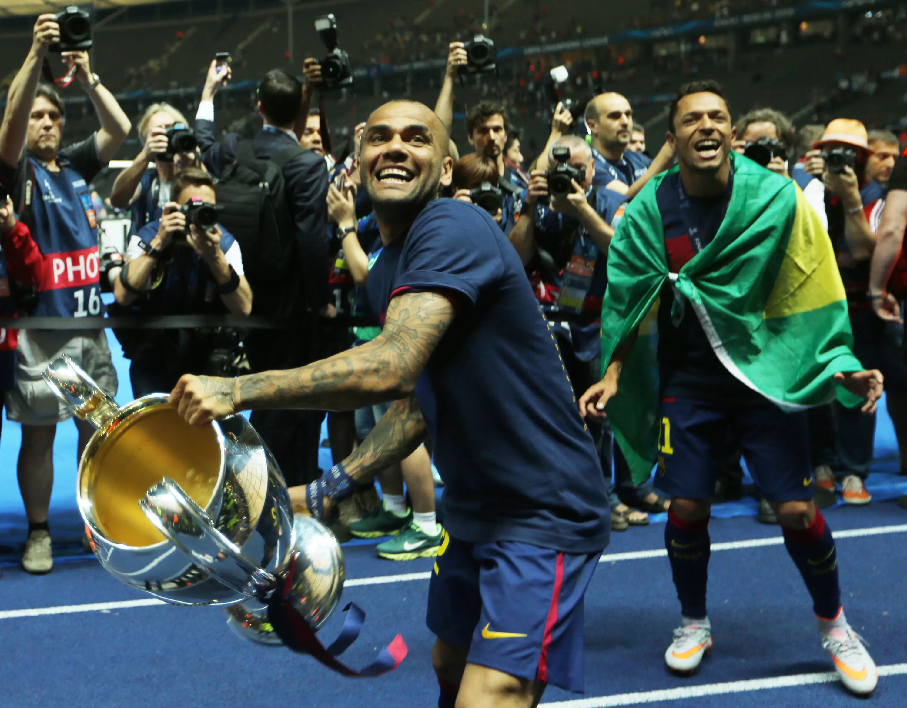Alves winning the Champions League with Barcelona. Image: PA Images