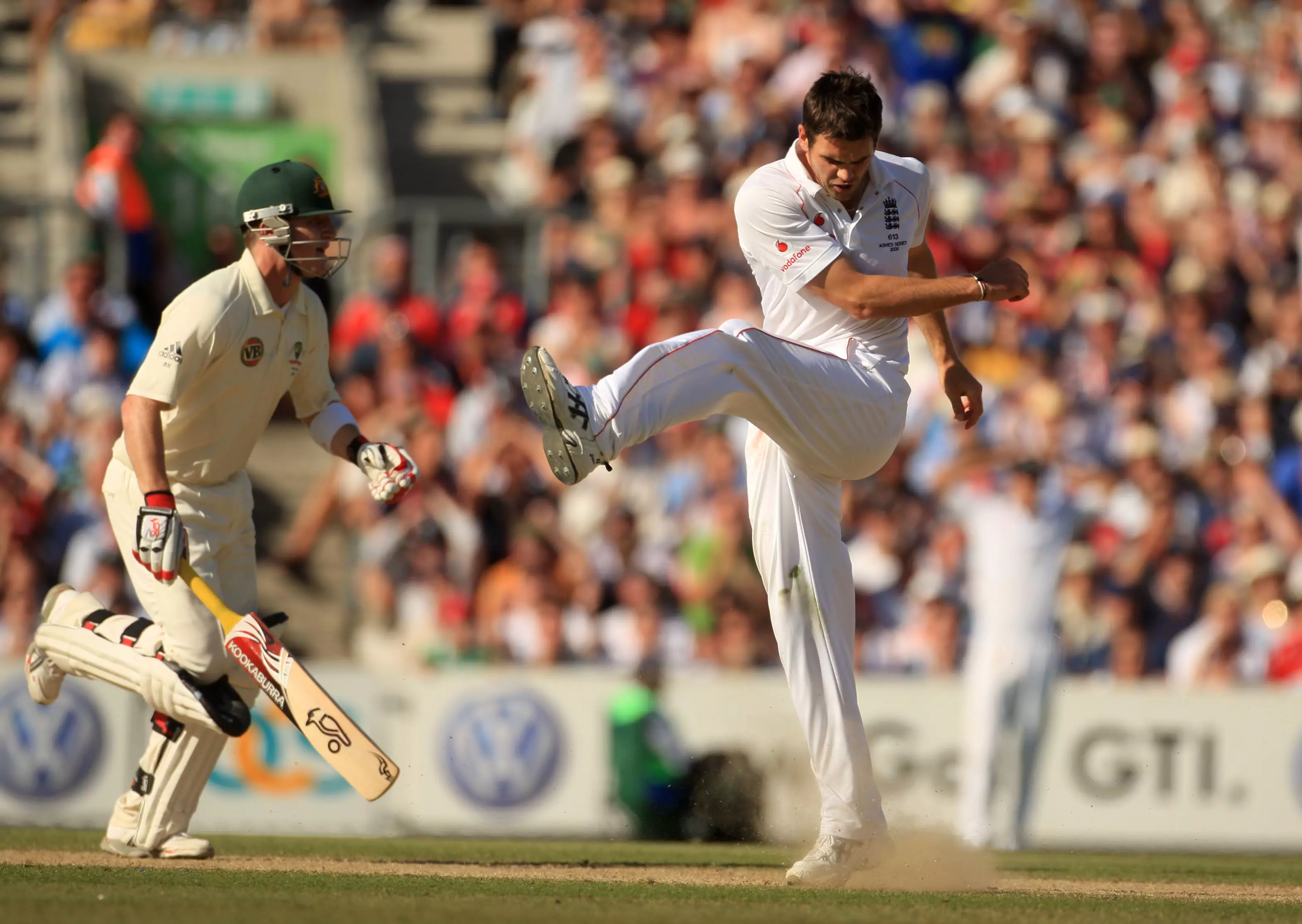 Mike Hussey hits Anderson for four runs during the 2009 Ashes series.