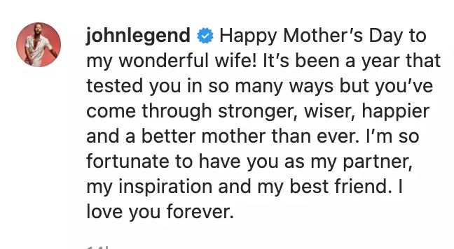 John Legend wrote a heartfelt caption in honour of Chrissy Teigen for Mother's Day (