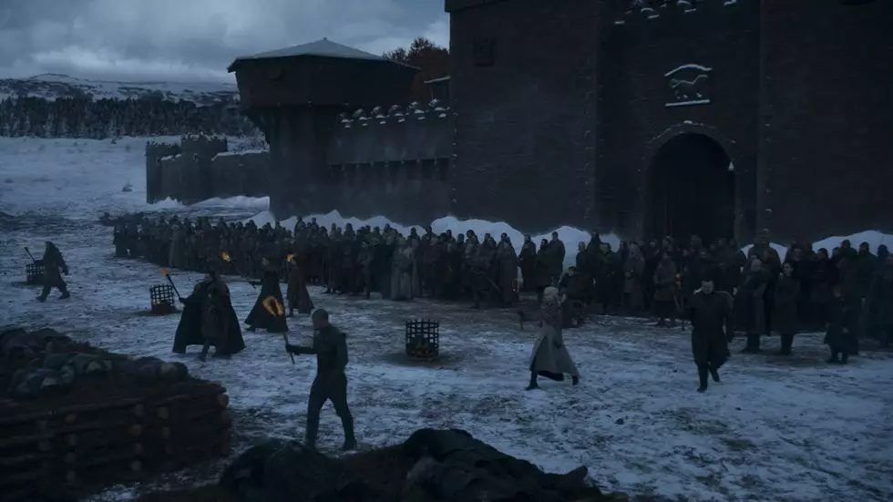 Tormund, Jon, Sansa, Arya, Grey Worm, Daenerys and Sam setting fire to the bodies.