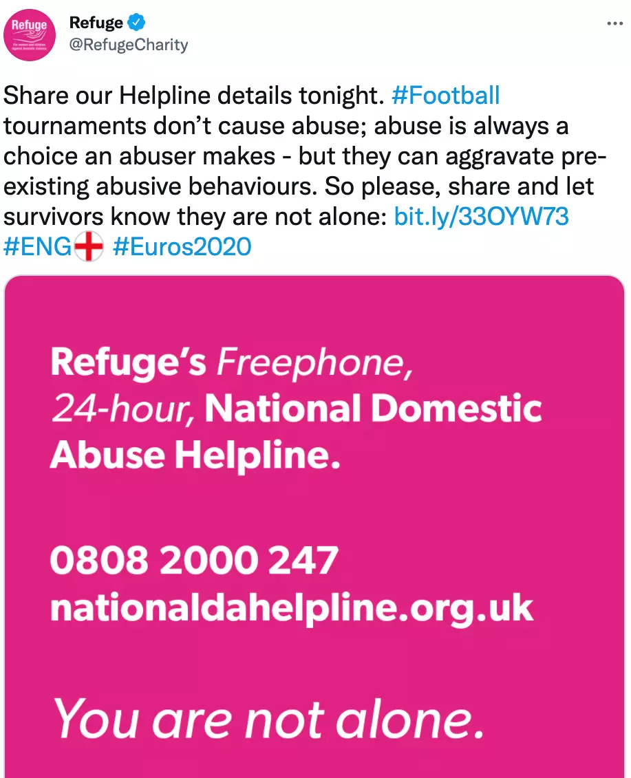 Refuge also tweeted links to support pages during Sunday's final (