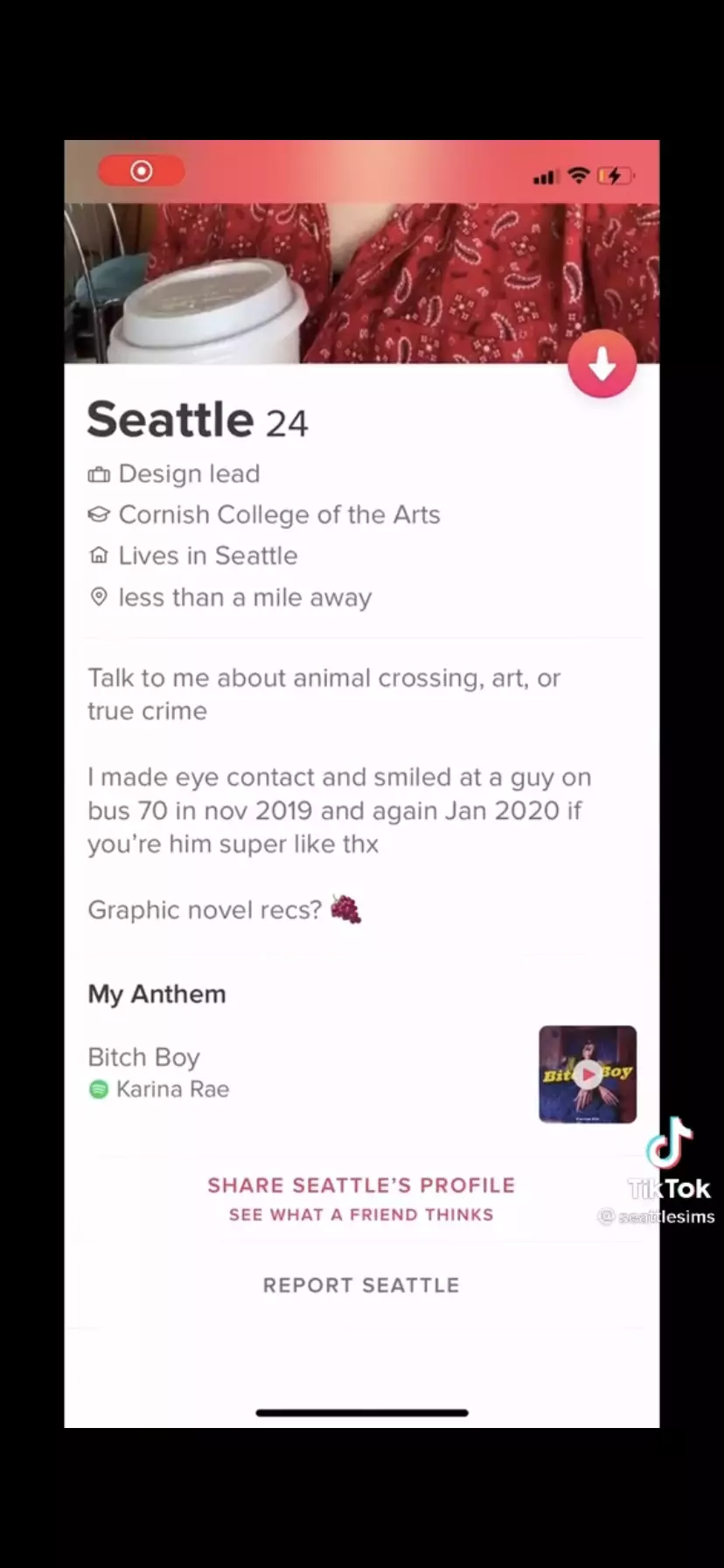 Tinder profile of Seattle Sims who found her bus love 