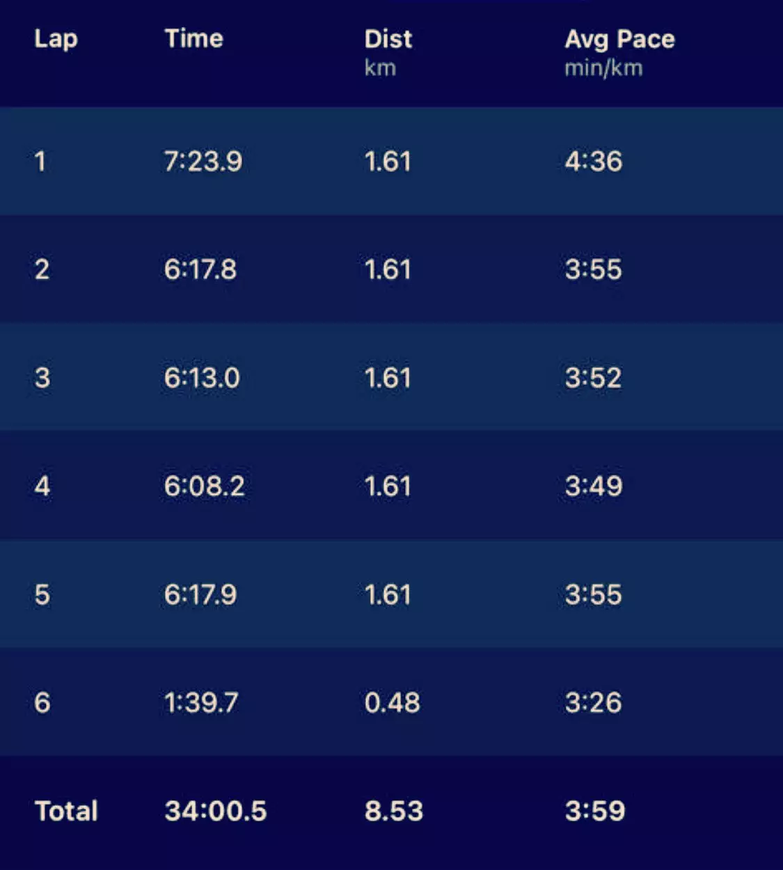 Milner's 8km run splits. Image: Twitter