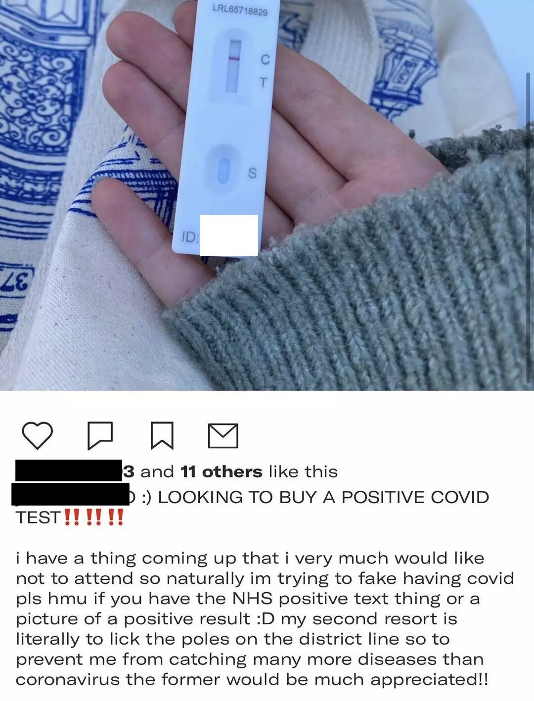Someone has posted an ad for a positive coronavirus test on Depop (