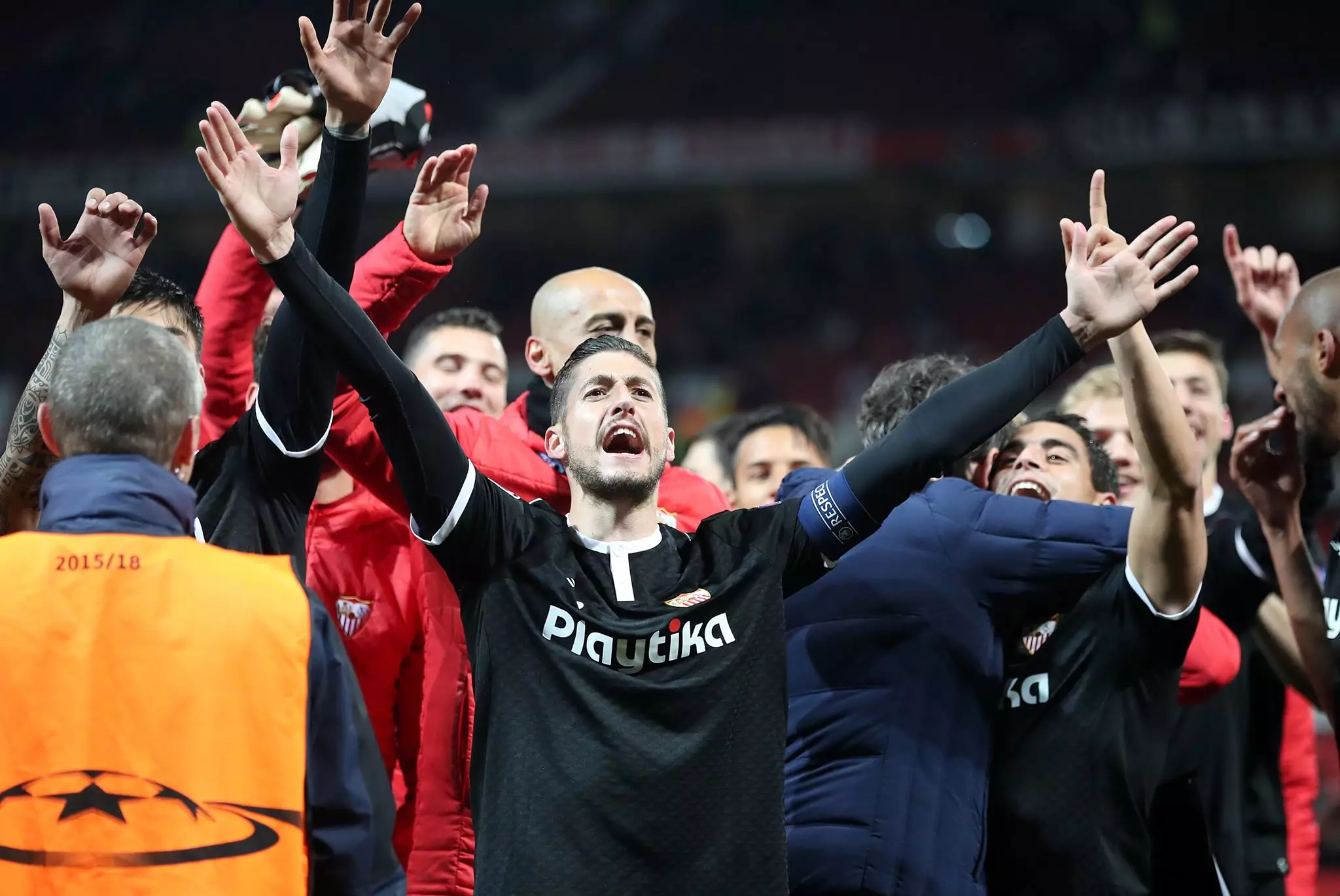 Sevilla players in jubilant mood after beating United. Image: PA