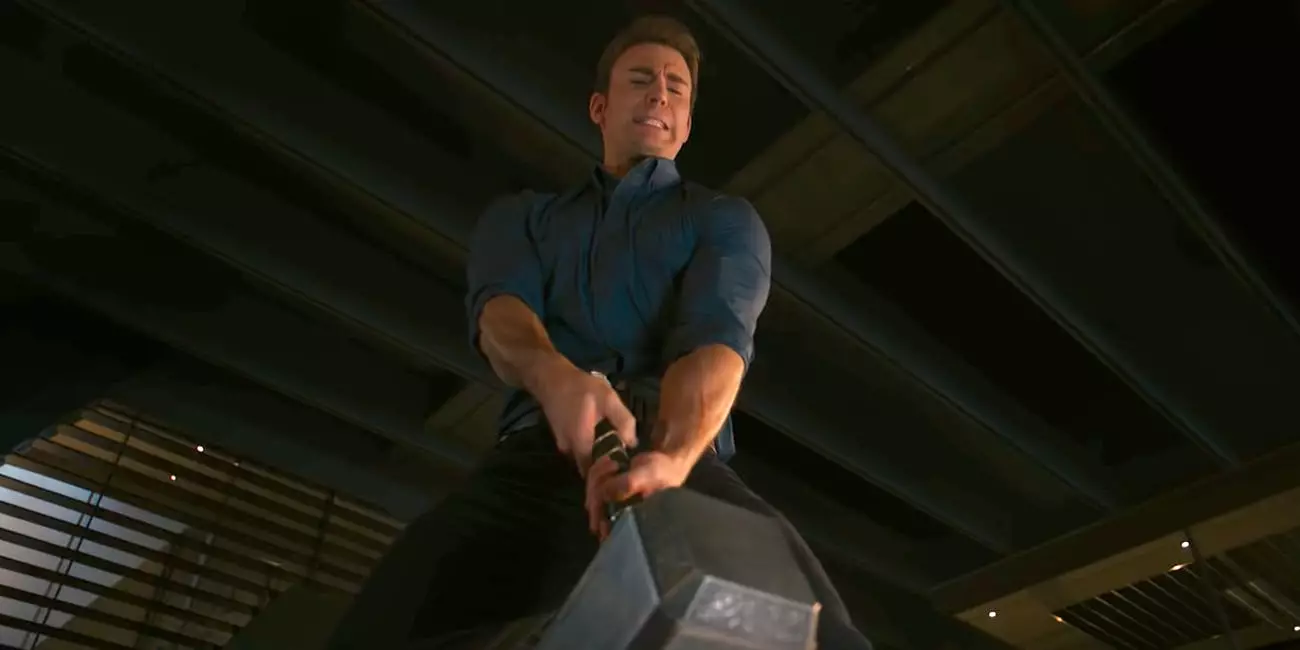 Captain America attempts to lift the hammer in Age of Utron.