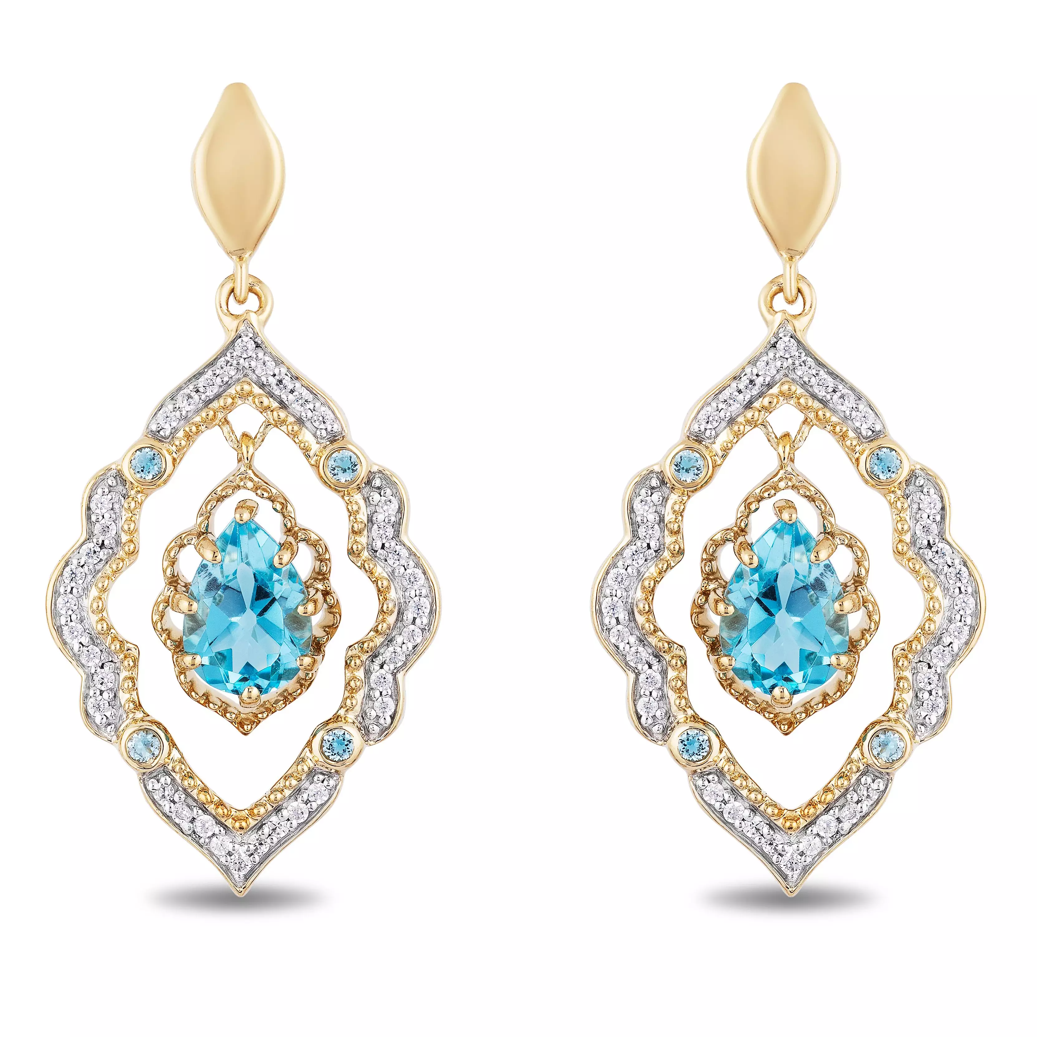 Diamond 9ct yellow gold drop earrings inspired by Aladdin.