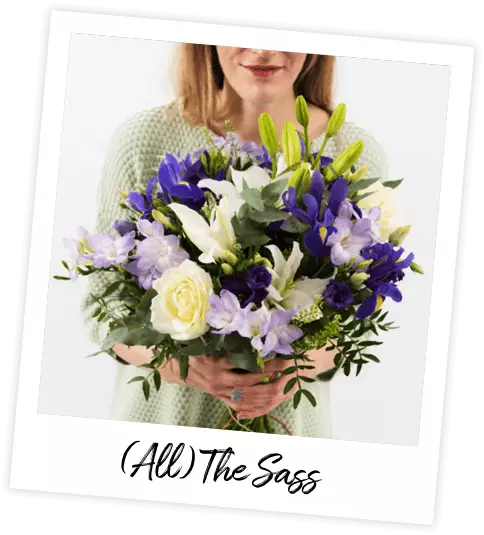 An ode to RiRi, the All The Sass bouquet is filled with zingy purple freesias coupled with blue irises (