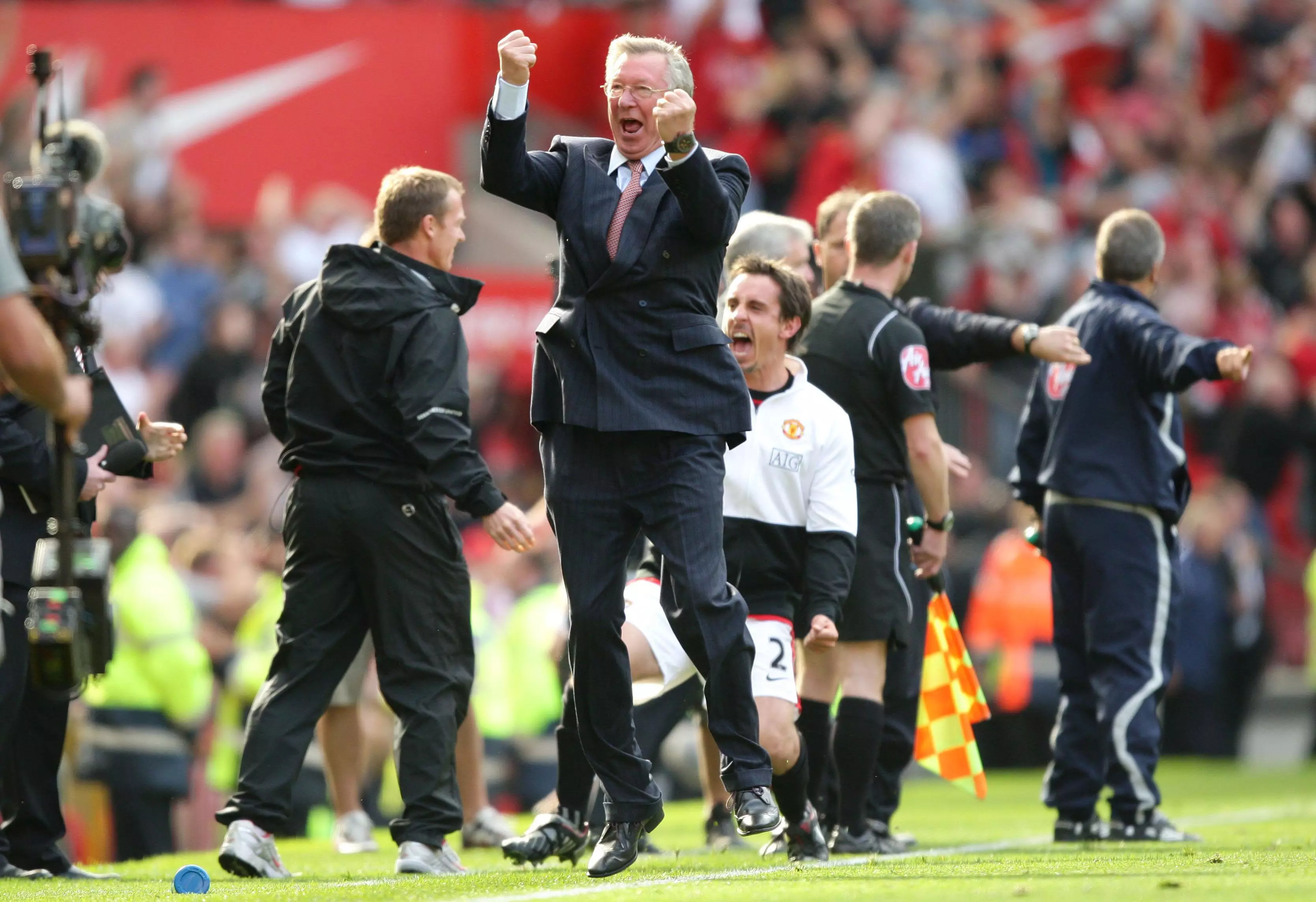 Sir Alex Ferguson celebrating the derby victory (Image