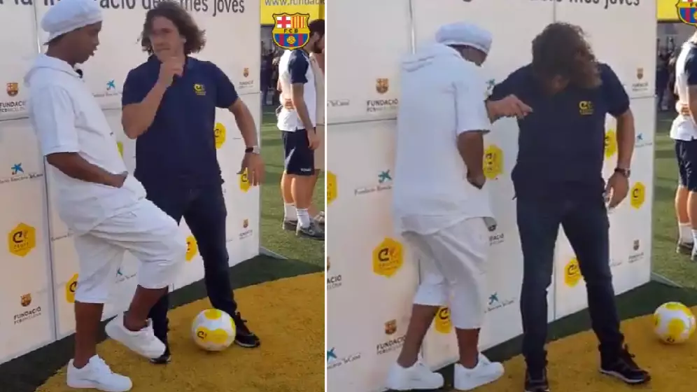 Ronaldinho Meets Up With Carles Puyol, Casually Nutmegs Him