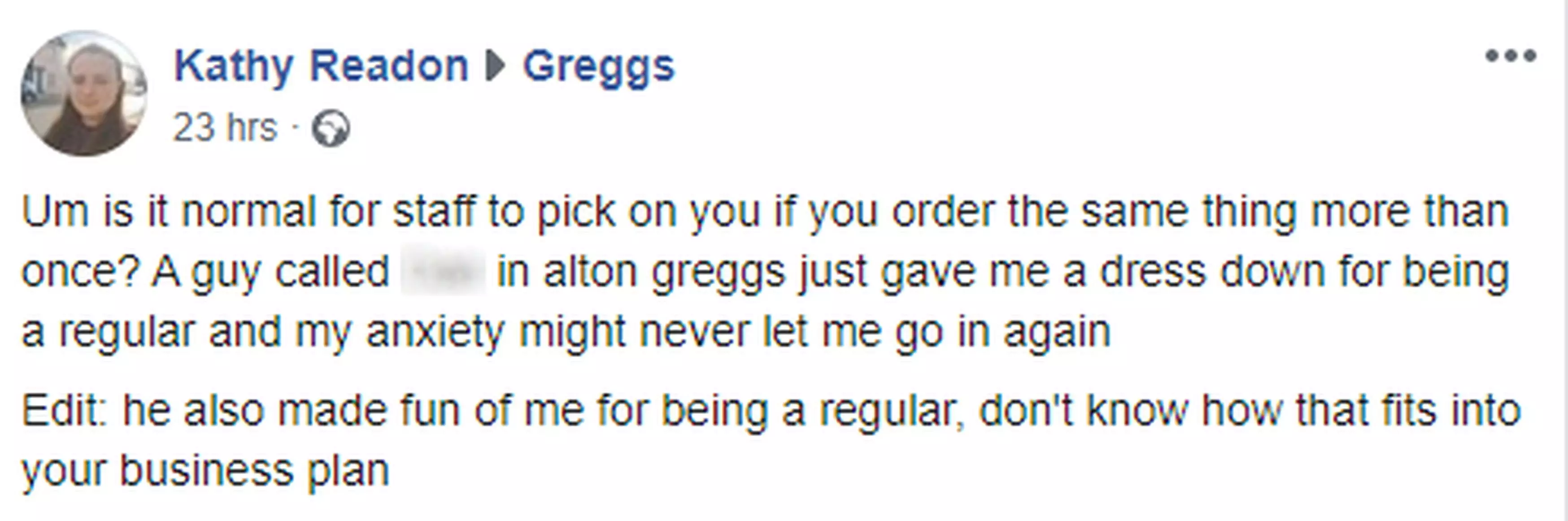 Kathy called out Greggs in her Facebook post (